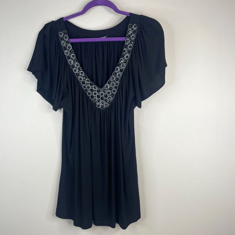 Soprano Top Womens 2X Beaded Flutter Sleeve Pullover Tunic Casual‎ Party Travel